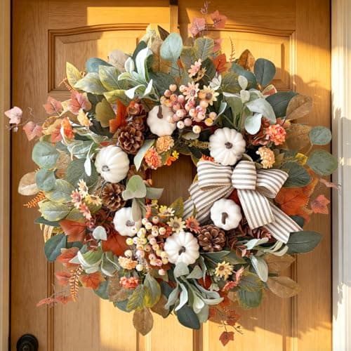 WANNA-CUL 24 inch Large Farmhouse Fall Wreath Decor for Front Door with White Pumpkin, Green Lamb's Ear and Eucalyptus Leaves, Harvest Door Wreath for Autumn or Thanksgiving Decorations - Image 1
