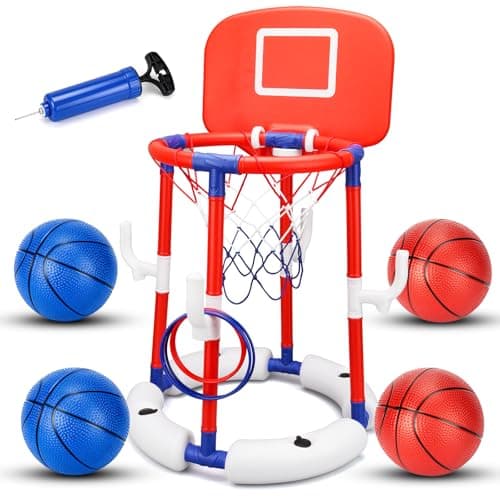Mocuba Pool Basketball Hoop Floating with Anti-Tip Stable Base, Basketball & Ring Toss Pool Toy for Kids Ages 4-8 & 8-12, Includes 4 Balls, 6 Rings & Pump for Summer Outdoor Parties - Image 1