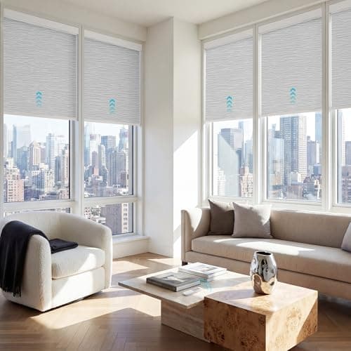Tailorvibe Motorized Blinds with Remote, 100% Blackout Electric Blinds, Smart Shades for Alexa/Google/Homekit, Automatic Window Roller Shades for Bedroom(LumenGeo-Jacquard White, 34" W x 72" H) - Image 1