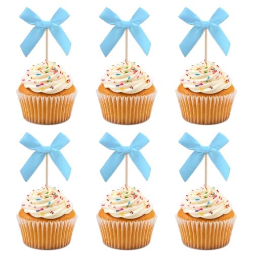 Oeyliz Blue Bow Cupcake Toppers Bow Cake Topper Decorations 24 PCS Blue Bows Cupcake Toppers Birthday Party Decorations Cake Bow Cupcake Topper for Baby Shower Birthday Wedding Bridal Party Supplies