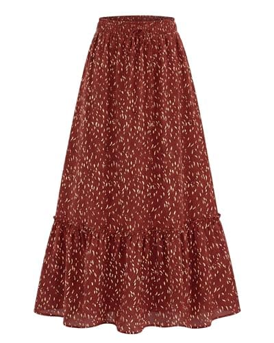 BTFBM Womens Boho Maxi Skirt 2026 Summer Floral High Waisted Flowy Tiered Long Spring Beach Vacation Skirts Pockets(Red, Medium) - Image 1