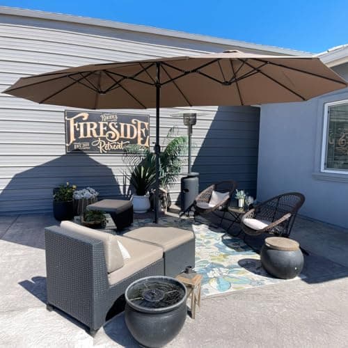 PURPLE LEAF 15ft Patio Market Umbrella with Base Double-Sided Rectangle Outdoor Table Sun Umbrellas with Crank 12 Heavy Duty Sturdy Ribs for Pool Beach Deck Backyard Taupe - Image 1