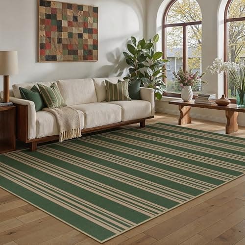 PureCozy Striped Easy Jute 5x7 Area Rugs Green Washable Outdoor Patio Rug for Living Room Indoor Outdoor Carpet Non Slip Office Farmhouse Neutral for Backyard Balcony Porch Bedroom Dining Room - Image 1