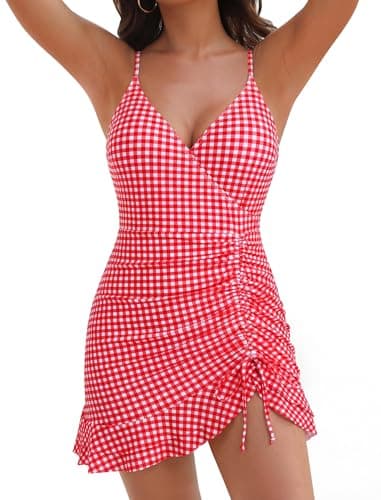 ZAFUL Womens Tummy Control Bathing Suit One Piece Swimsuit Over 50 Ruffle Swim Dress Long Torso Drawstring Swimwear Red White Plaid XL - Image 1