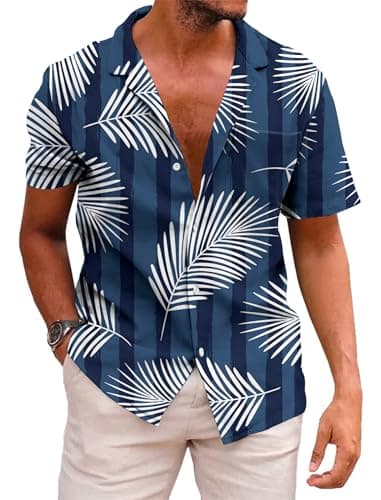 KYKU Mens Button Down Hawaiian Shirts Summer Short Sleeve Shirt Blue Palm Leaves 2XL with Pockets - Image 1