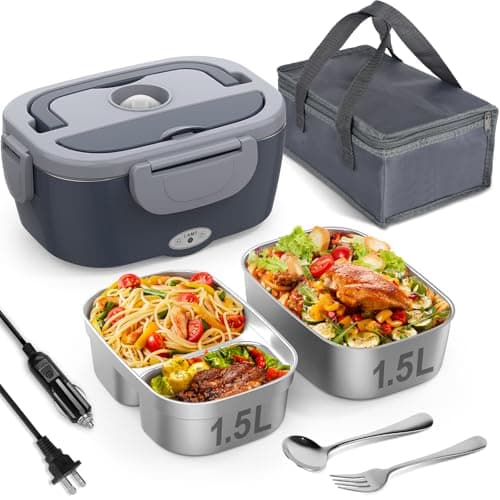 Vabaso Electric Lunch Box for Adults, 80W Heated Lunch Box with Dual 1.5L Stainless Steel Containers, Portable Food Warmer for Men Work Car Truck, 12V/24V/110V/220V - Eternal Gray - Image 1
