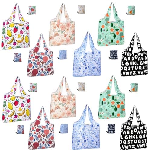RUIPBOTE 12 Pack Reusable Grocery Bags, Foldable Shopping Bags with 6 Patterns, Reusable Tote Bags for Grocery, Travel, Gift - Image 1