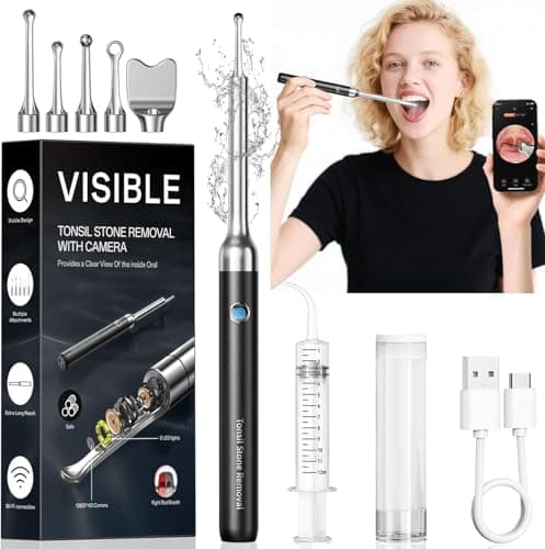Tonsil Stone Remover with Camera - Upgraded Visual Tonsil Stone Removal Kit with 6 LED Light -Tonsil Stone Remover Tool with 1080P Camera, 5 Stainless Steel Heads, Irrigator,for iOS & Android (Black) - Image 1
