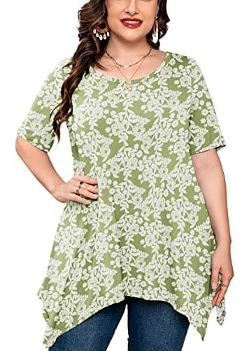 AusLook Plus Size Tops for Women Tunic Clothes Short Sleeve Green Roses Summer 1X Blouse Swing Tee Crewneck Clothing Flowy Shirts for Leggings - Image 1