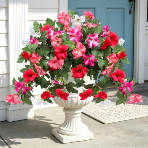Flortevera Artificial Fake Flowers Plants for Outdoor UV Resistant, 2PCS Silk Faux Petunias No Fade Summer for Outside Planter Front Door Porch Yard Patio Balcony Realistic Decoration Red Pink - Image 1
