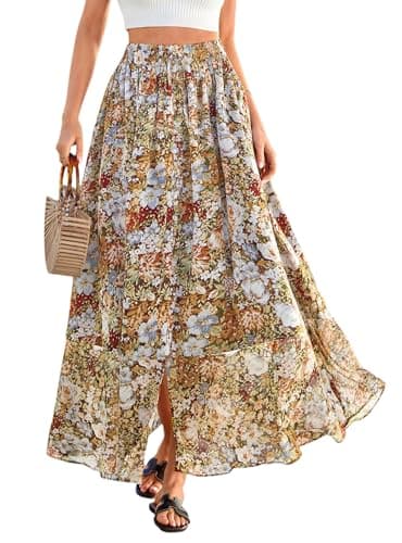 PRETTYGARDEN 2026 Summer Maxi Long Skirts for Women Trendy Boho Floral High Waisted Slit Flowy Travel Beach Vacation Clothes (Floral Multicolored,XX-Large) - Image 1