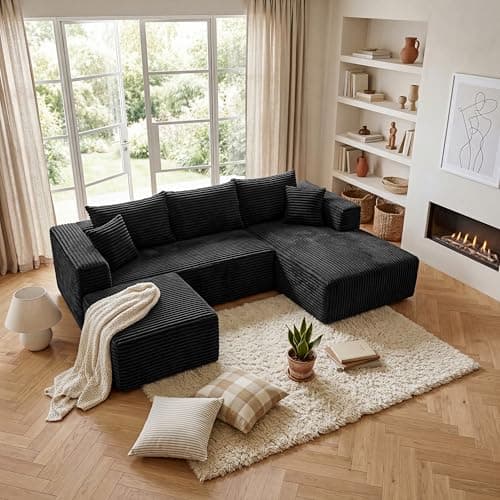 BSHOMGI 92.5'' U-Shaped Boneless Couches, Comfy Corduroy 3 Seaters Sofas with Ottoman, Modern High Back Sectional Sofa for Living Room with Oversized Chaise Deep Seat Sofa, No Assembly Needed - Image 1