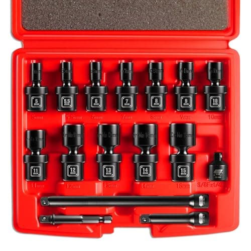BLACKROBOT 1/4" Drive Universal Impact Socket Set, 16-Pieces Swivel Socket Set, Metric(5-15mm) Flexible Wobble Socket, 2", 6" Extension Bars, Socket Adapter, 6 Point, CR-MO - Image 1