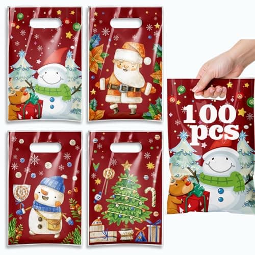 TESKEUP Christmas Gift Bags with Handles - 100 Pcs Christmas Treat Goodie Bags, Plastic Small Xmas Favor Bags Bulk for Candy Cookies Snacks Xmas Holiday Party Favors Supplies - Image 1