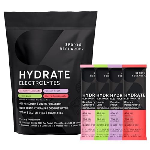 Sports Research® Hydrate Electrolytes Powder Packets - Sugar-Free & Naturally Flavored with Vitamins, Minerals, and Coconut Water - Supports Hydration - 32 Packets - Variety Pack - Image 1