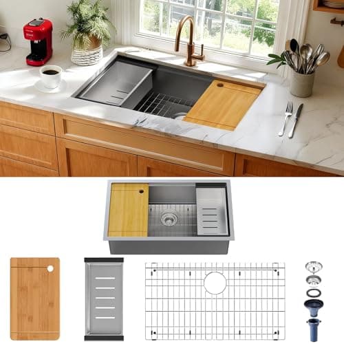 GKFF Kitchen Sink 16-Gauge Workstation S304 Stainless Steel Kitchen Sinks Handmade Modern Single Bowl Deep Sink with Accessories and Integrated fregaderos de cocina modernos (32" x 19" x 10") - Image 1