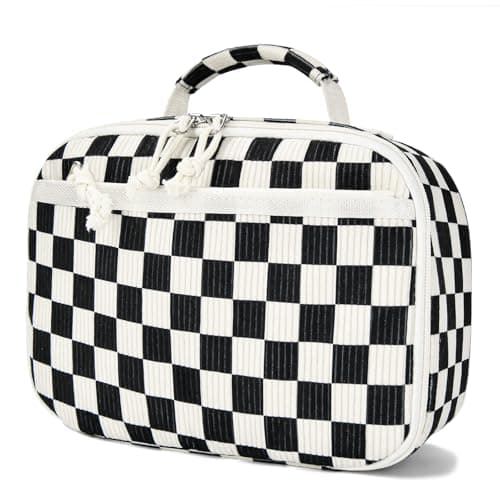 Neverwhy Small Lunch Bag Checkered Lunch Box for Women Cute Corduroy Slim Insulated Lunch Bags for Kids Stylish Reusable Lunchbox Flat Snack Bag Cooler Loncheras Para Mujer, Black White Checkered - Image 1