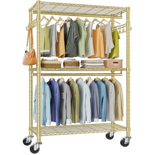 VIPEK R2 Plus Rolling Clothes Rack for Hanging Clothes Heavy Duty Garment Rack 3 Tiers Adjustable Wire Shelving Clothing Racks with Double Hanging Rods, Closet Organizers and Storage, Gold - Image 1