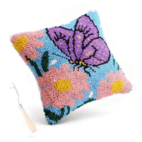 Miaceito Butterfly Flower Latch Hook Pillow Kit for Adults Beginners, Pre-Printed DIY Craft Set with Wooden Hook, 17x17 Inch Home Decor - Image 1