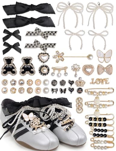 yuboo 51 PCS Shoe Charm for Sneakers, Junk Socks Charms Kit, Shoelace Charms Contain Pearl, Clips, Black Bows, Jewelry, Shoe Decoration Charms for Women Bag/Hat - Image 1