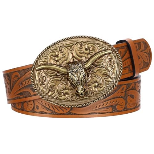 UpFind Western Leather Belt with Antique Gold Longhorn Buckle Vintage Engraved Cowgirl Cowboy Rodeo Belt for Women Men Jeans - Image 1