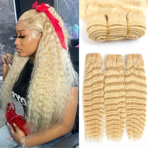 613 Blonde Deep Wave Human Hair 3 Bundles 16 18 20 Inch 100% Unprocessed Brazilian Virgin Curly Hair 12A Grade Human Hair Bundles - Image 1