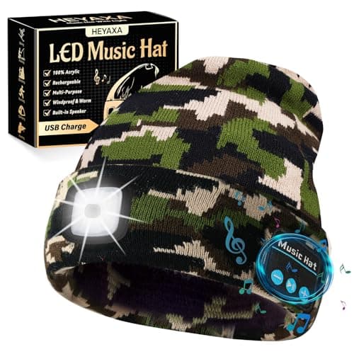 HEYAXA Bluetooth Beanie Hat, USB Rechargeable 4 LED Wireless Music Running Headlamp Cap, Fathers Day Dad Gifts for Husband, Dad, Birthday Gifts for Men, Dad, Father, Women, Him, Camouflage - Image 1