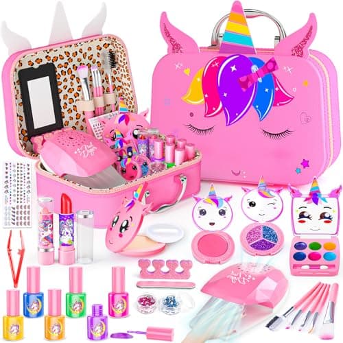 Mqsiuve Kids Makeup Kit for Girl - 2 in 1 Kids Washable Makeup Toys & Nail Art Kit with Nail Dryer and Storage Case, Real Girl Makeup Set Birthday Gifts Toys for 3 -12 Year Old Girls, Pink