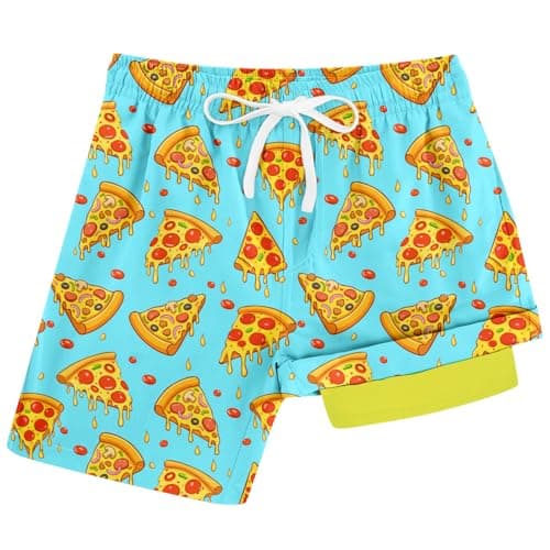 Cozople Boys Swim Shorts Colorful Pizza Swim Trunk with Boxer Brief Liner Swimsuit Swimwear Anti Chafe Bathing Suits for Size 18-20 - Image 1