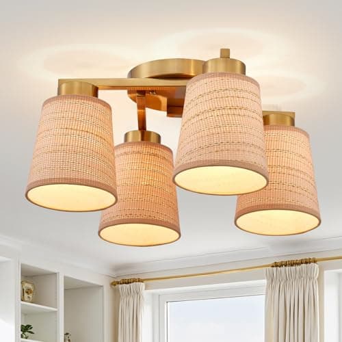 Majhoiw Boho Rattan 4-Light Flush Mount Ceiling Light Fixture 18" Coastal Farmhouse Chandeliers Rustic Ceiling Lamp for Dining Room Bedroom Entryway Foyer Living Room - Image 1