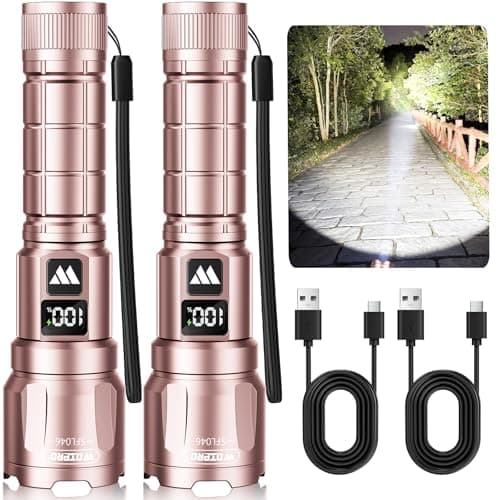 WdtPro LED Rechargeable Flashlight 2 Pack, 3 Modes Super Bright High Lumens Flashlights, Zoomable Tactical Flash Light with LCD Display, IP65 Waterproof Flashlights for Home Emergency Camping - Pink - Image 1