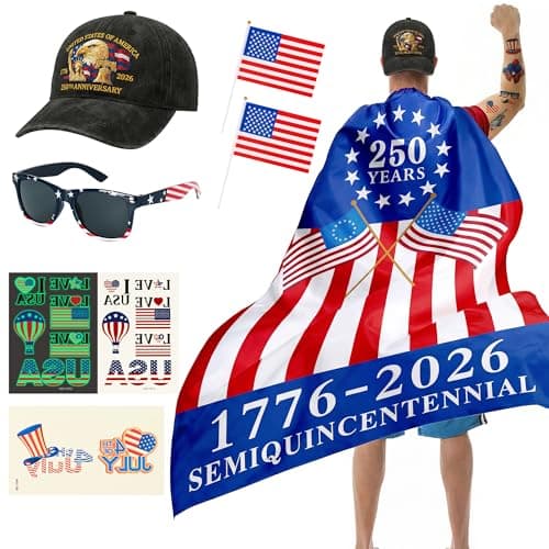 American Flag Cape Costume Set – 250th Anniversary USA Patriotic Accessories, Retro Flag Sunglasses, Embroidered USA Hat, Patriotic Tattoo, Small Flags, 4th of July Costume, Olympic Outfit
