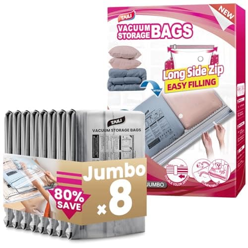 TAILI 8 Pack Vacuum Storage Bags, Jumbo Size 39x28 inch, LONG SIDE ZIP Vacuum Seal Bags for Beddings, Extra Large Storage Space Saver for Clothing, Comforters, Blankets, Pillows - Image 1