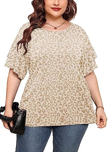 AusLook Plus Size Casual Tops For Women Pink Leopard Brown 3X Tunic Double Ruffle Short Sleeve Blouses Crewneck Clothing Tee Ladies Flowy Casual Loose Fit Outfits Maternity Summer Clothes - Image 1