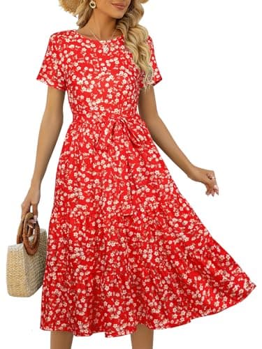 Lyrur Easter Dresses for Women 2026 Tea Party Midi Dress with Pockets Red Floral XL 9191 - Image 1