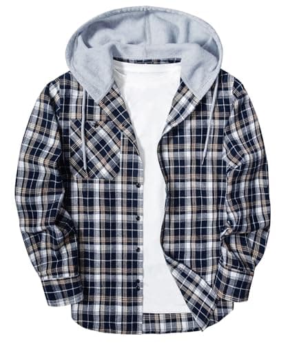 Mens Plaid Button-up Hoodies Loose Fit Long Sleeve Cotton Casual Tops Lightweight Hooded Flannel Shirt with Pockets A-Blue - Image 1