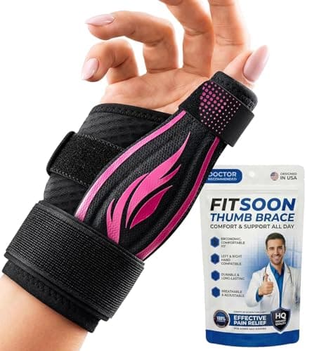 FITSOON Thumb Support Brace | Upgraded Thumb Spica Splint Stabilizer Pain Relief Night Support for De Quervain’ s Tenosynovitis Trigger Finger Arthritis Sprains | Breathable Fabric (Pink/Black, L/XL _ Fit both hands) - Image 1