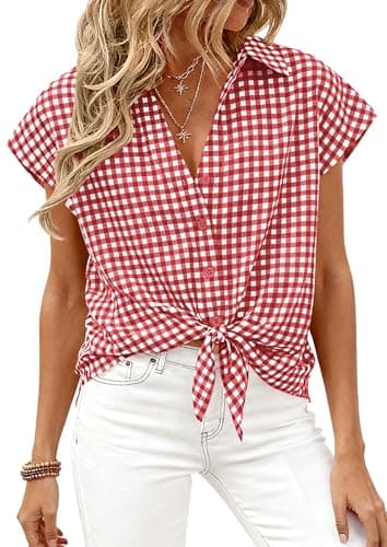 PRETTYGARDEN Womens Short Sleeve Shirts Plaid Button Down Blouse Dressy Casual 2026 Summer Spring Business Gingham Work Tops (Wine Red,Large) - Image 1