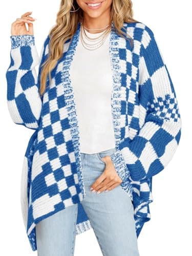 Saodimallsu Womens Checkered Sweater Color Block Plaid Cardigans Oversized Long Sleeve Knit Open Front Coats Navy Blue - Image 1