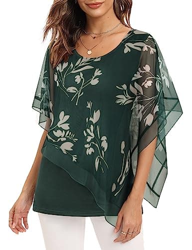 SeSe Code Womens Blouses and Tops, Women's Dressy Tops for Evening Wear Round Neck Casual Elbow Length Sleeve Dress Shirt Work Clothes for Women Office Elegant Flowy Tops for Summer Green Floral L - Image 1