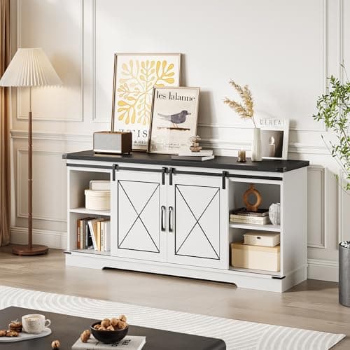 IDEALHOUSE Farmhouse TV Stand for TV up to 65 Inch, Entertainment Center with Sliding Barn Doors and Adjustable Shelves, Mid Century Modern Media Console Table for Living Room, White & Black - Image 1