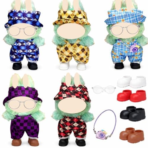 5 Sets Doll Clothes Outfit for 7 Inch Figure, Cute Doll Clothing Set with Hook & Loop Closure, Includes 4 Pairs Shoes, Glasses & Mini Camera Charm, Dress Up Gift for Desk Toy Collectors