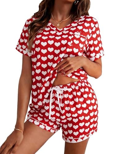 ASTANFY Valentines Day Pajamas Women 2 Piece Silk Valentine Pjs Cute Heart Pajamas V Neck Satin Sleepwear Loungewear Set - Image 1
