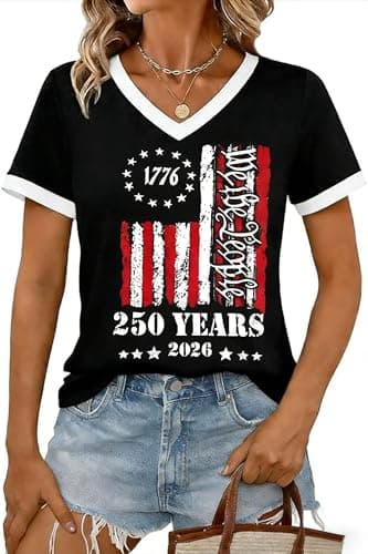 Eatbook 4th of July for Women American Flag Patriotic V Neck Shirts USA Independence Day 250th Graphic Tee Black 2XL - Image 1