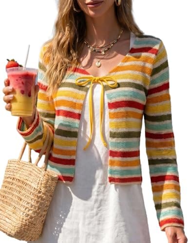 ZAFUL Swimsuit Coverup Shirt for Women Crochet Cardigan Bathing Suit Cover Up Long Sleeve Cover Ups Top Strip Yellow XL - Image 1