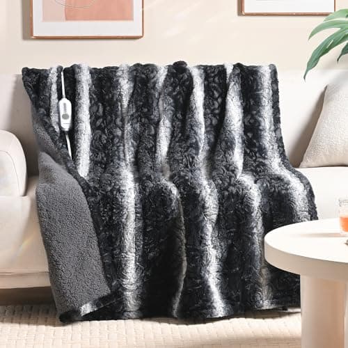 WOOMER Heated Blanket Throw 50" x 60", Electric Blanket Throw with 4 Heating Levels & 4H Auto Off, ETL Certified, Black Grey Flowers Patterns Faux Fur & Sherpa, Machine Washable - Image 1
