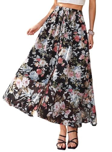 PRETTYGARDEN 2026 Summer Maxi Long Skirts for Women Trendy Boho Floral High Waisted Slit Flowy Travel Beach Vacation Clothes (Black Big Floral,Large) - Image 1