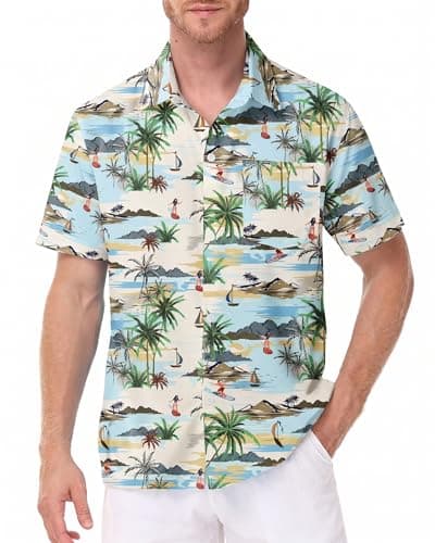 FISHEAL Men's Hawaiian Shirt Short Sleeves, Casual Hawaii Button Down Beach Tropical Shirts for Mens Summer Trip Vacation - Image 1