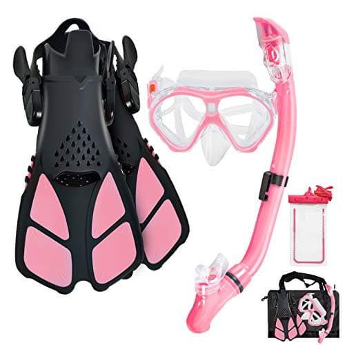 Aisrida Kids Snorkeling Set Children Mask Fin Snorkel Set Snorkeling Gear Snorkel Mask + Adjustable Swimming Kids Flippers+ Dry Snorkel Tube + Travel Bags (Pink) - Image 1