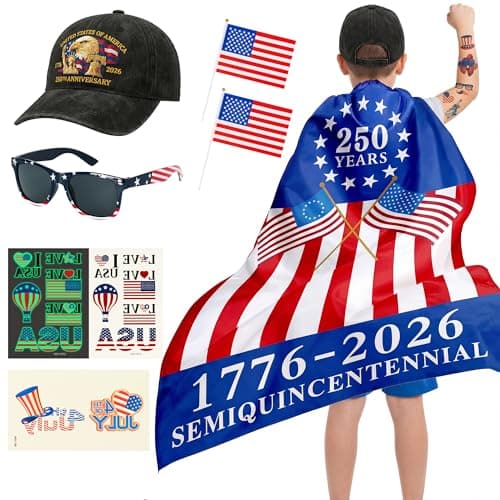 Rickcaptain American Flag Cape Costume Set – Patriotic 4th of July Outfit for Boys & Girls, 250th Anniversary Accessories with Retro USA Sunglasses, Embroidered USA Hat, Tattoos & Small Flags